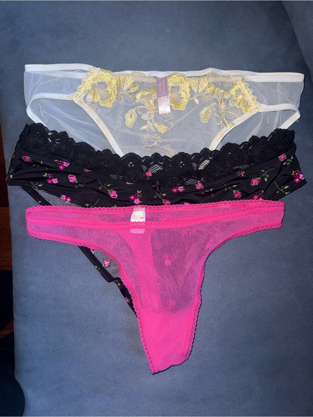 Trio-Victoria’s Secret Lace & Mesh Thong Panties - Black Floral and Hot Pink